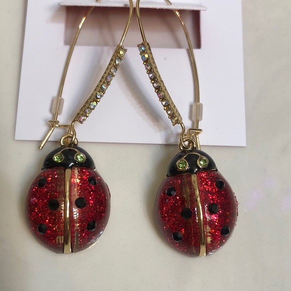 Betsey Johnson Red Glitter Resin Ladybug Drop Earrings Crystal Accents NWT - Picture 7 of 11